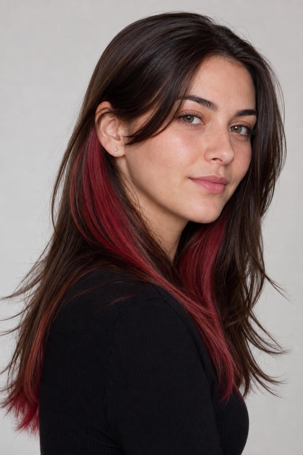 Dark Brown Hair with a Hidden Cherry Peekaboo Underlayer Panel