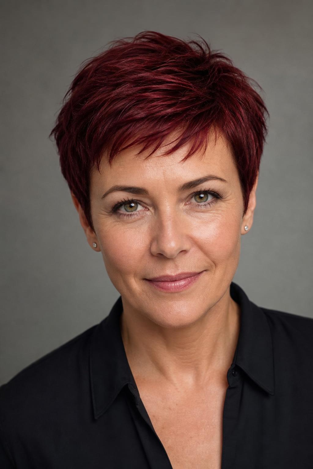 Dark Cherry Pixie Cut with a High-Shine Glossy Finish