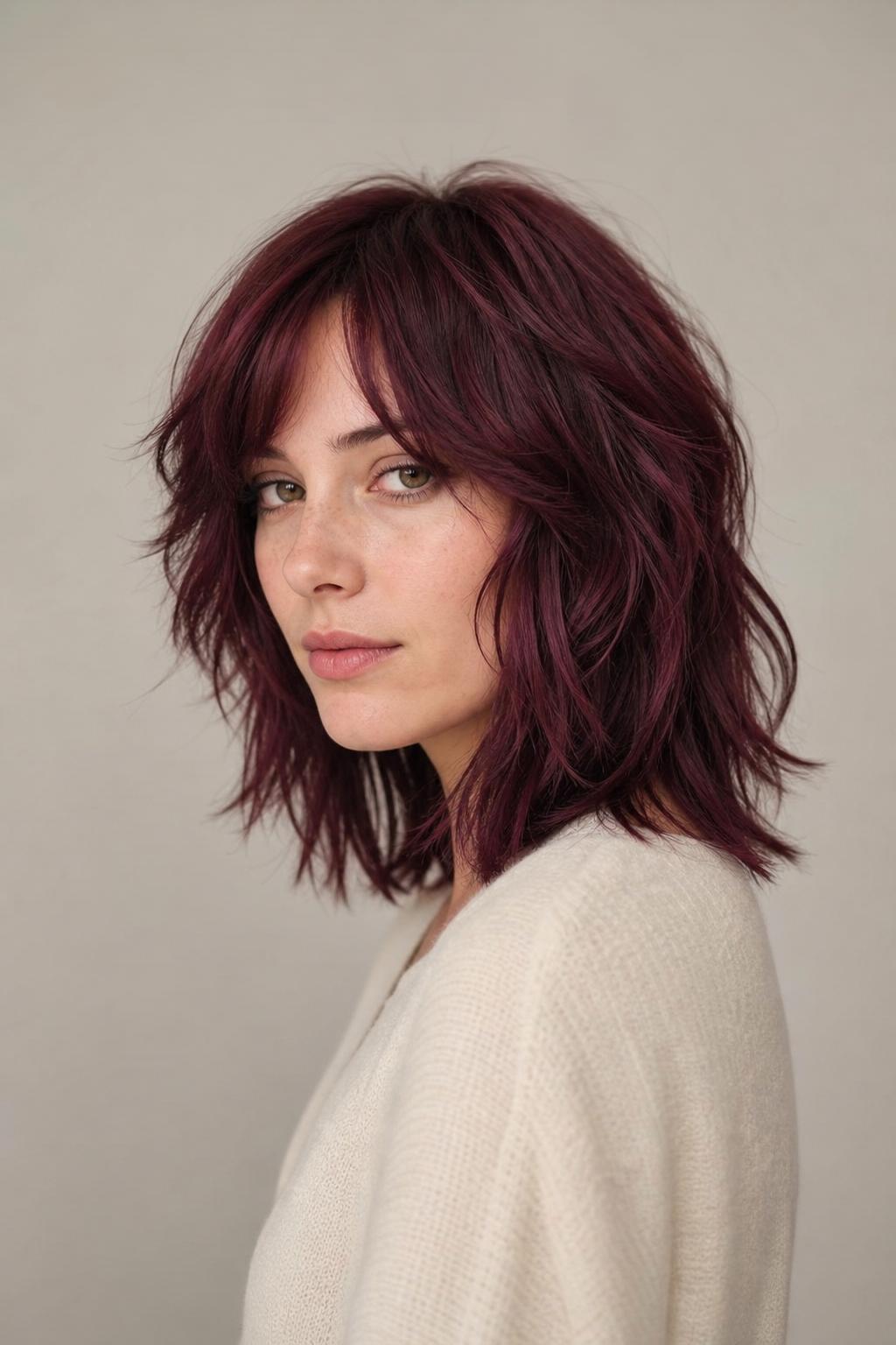 Plum-Tinted Cherry Color on a Textured Mid-Length Shag