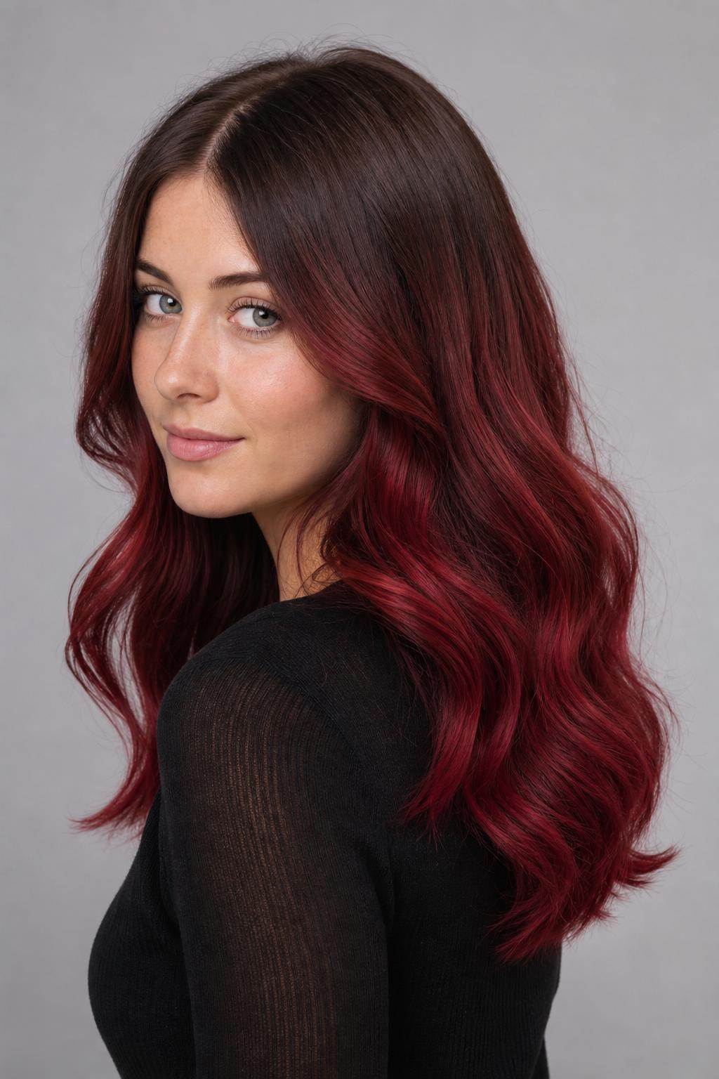 Chocolate Brown Root Melting Seamlessly into Cherry-Red Ends