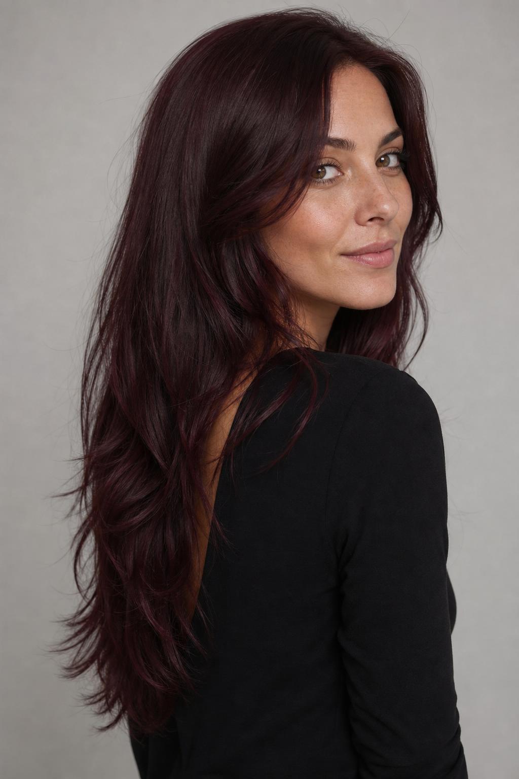 Ruby Mocha Hair with Jewel-Red Depth on Long Layers
