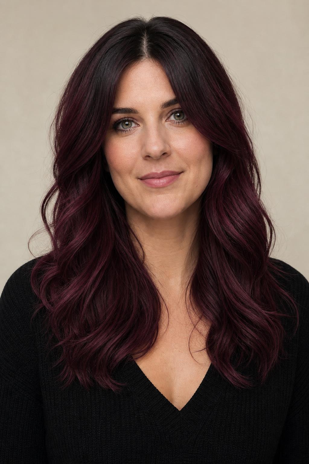 Velvet Sangria Cherry Hair with a Soft Dark Shadow Root