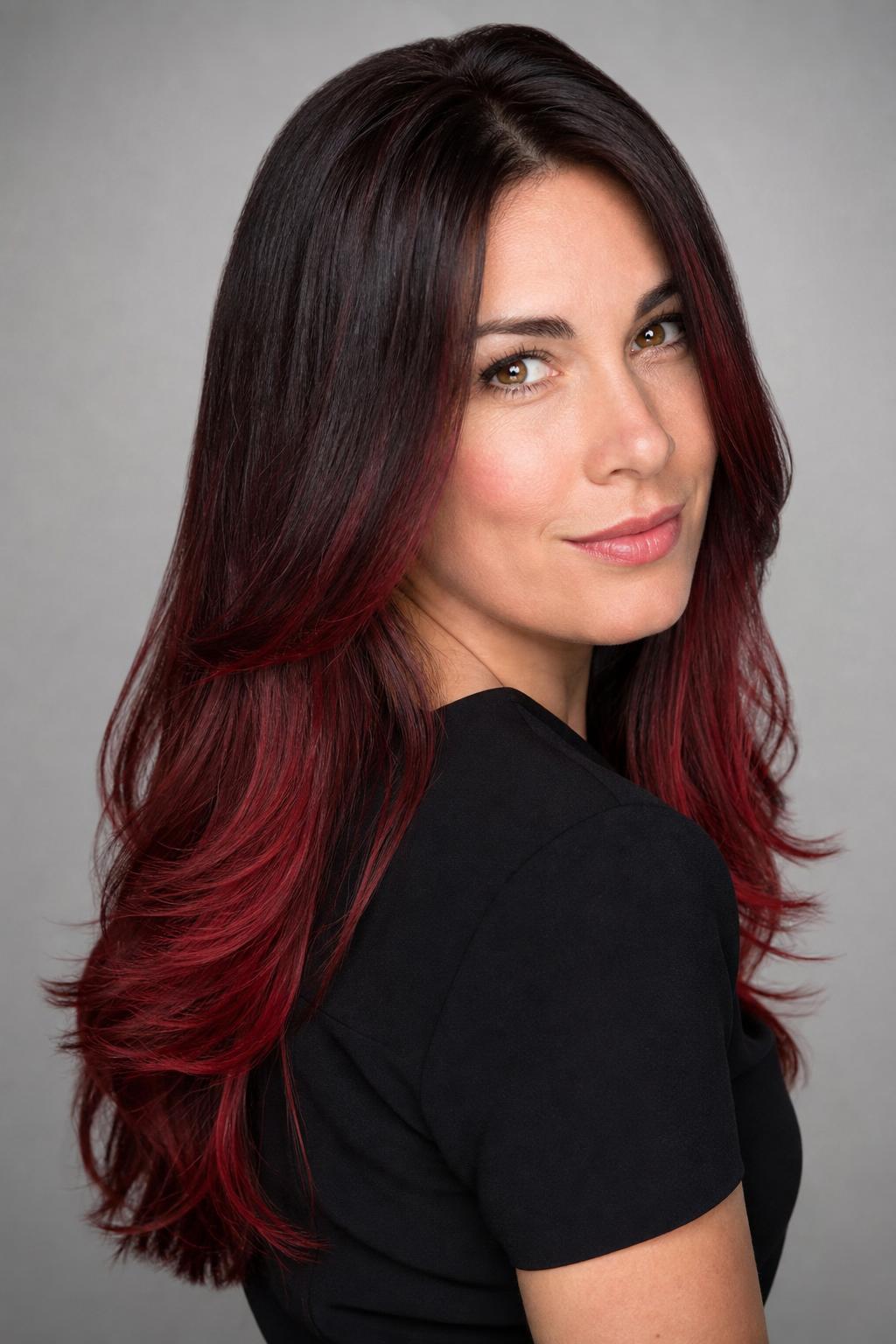 Soft-Rooted Chocolate Cherry Teasylights Blending into a Brunette Base
