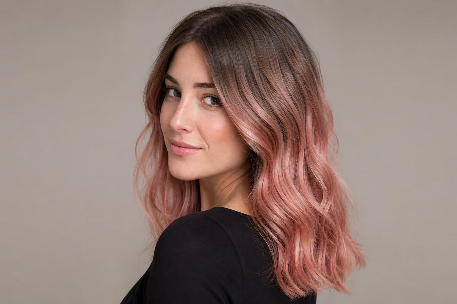 Color Melt from a Brunette Root into Soft Rose Gold Mid-Lengths and Ends
