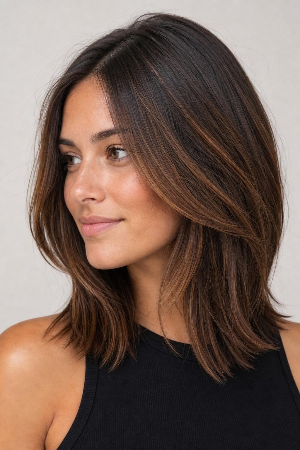 Fine Cowboy Copper Babylights Woven Through Natural Brunette Hair