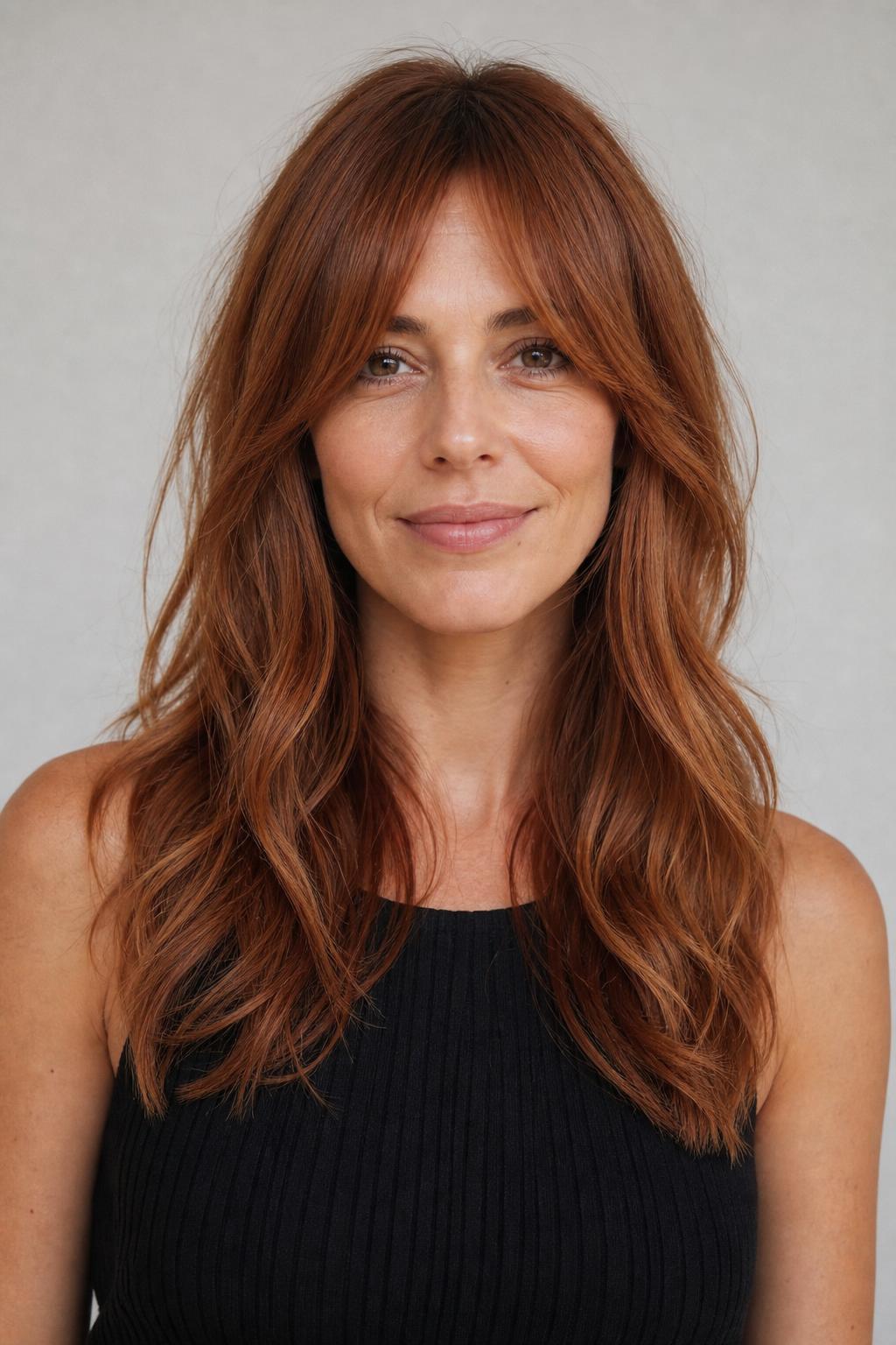 Warm Spice Cowboy Copper Framing Curtain Bangs Around the Cheekbones
