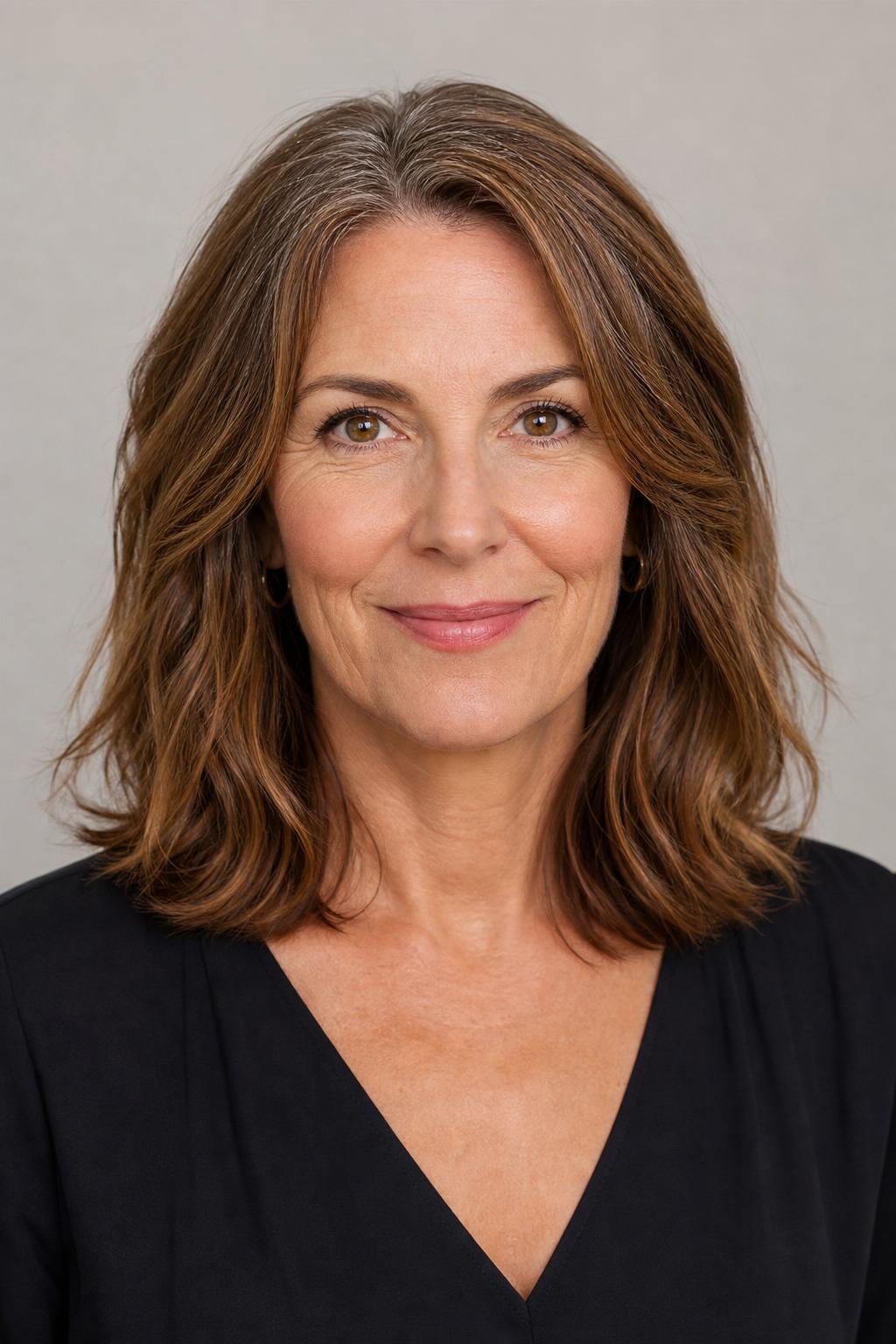 Warm Copper Highlights Blending Natural Gray at the Roots