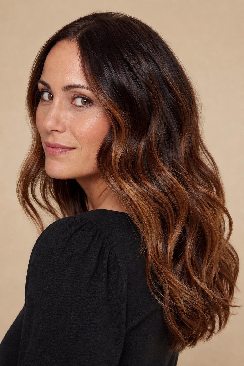 Lived-In Cowboy Copper Balayage with Sun-Faded Ribbons on a Brown Base