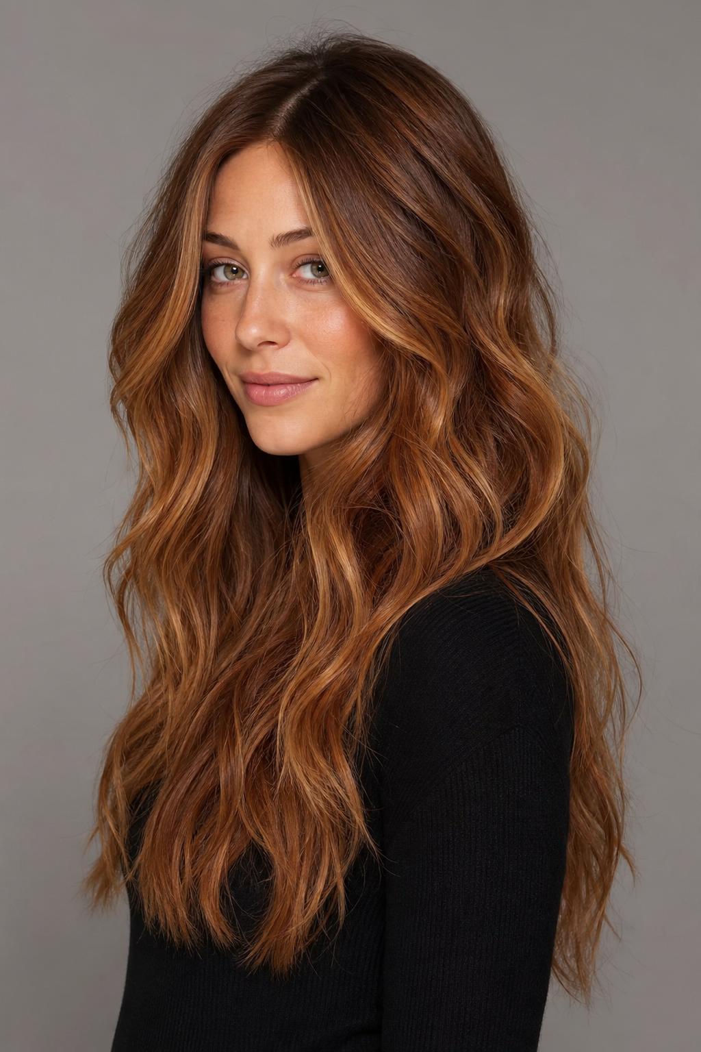 Copper Balayage on Long Beachy Layered Waves