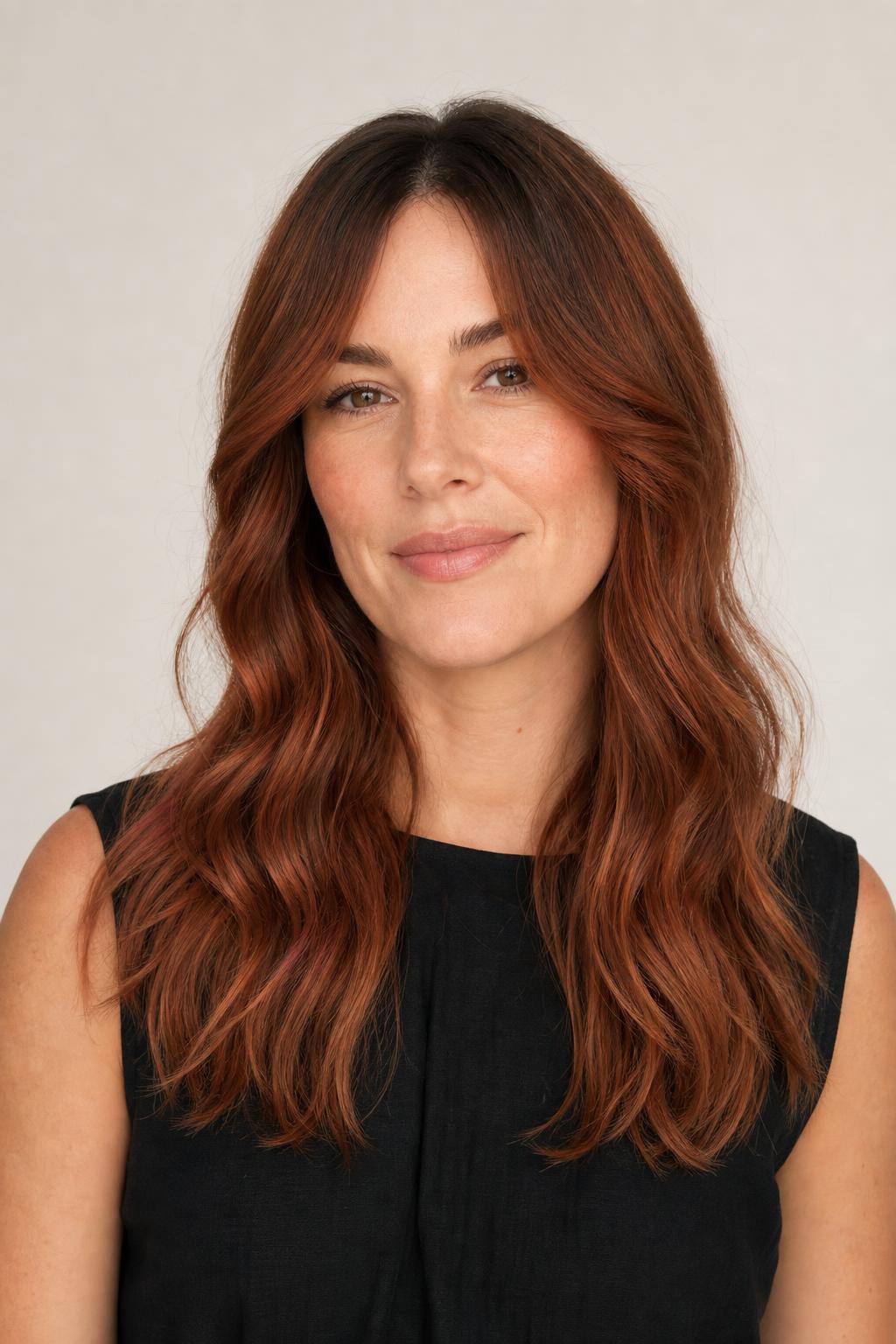 Muted Cowboy Copper Hair with a Soft Darker Shadow Root