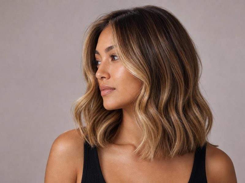 Creme Brulee Bronde Hair with Warm Caramel-Toffee Balayage on a Brown Base in Soft Glossy Waves