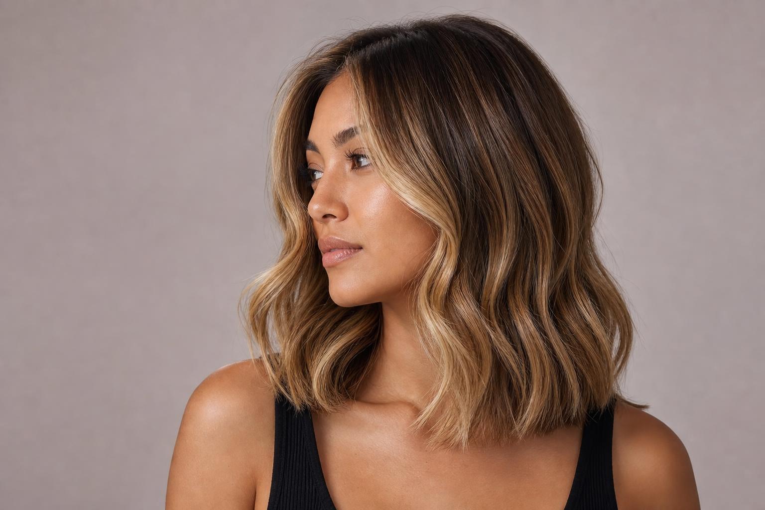 Creme Brulee Bronde Hair with Warm Caramel-Toffee Balayage on a Brown Base in Soft Glossy Waves