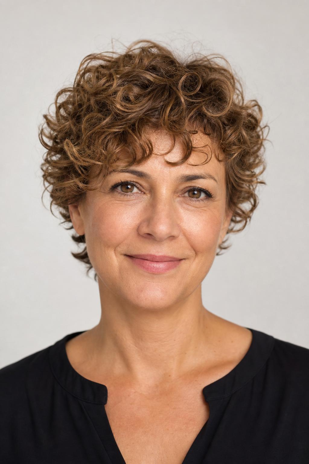 Soft 3A Curly Crop with Feathered Airy Layers on Light Brown Spirals