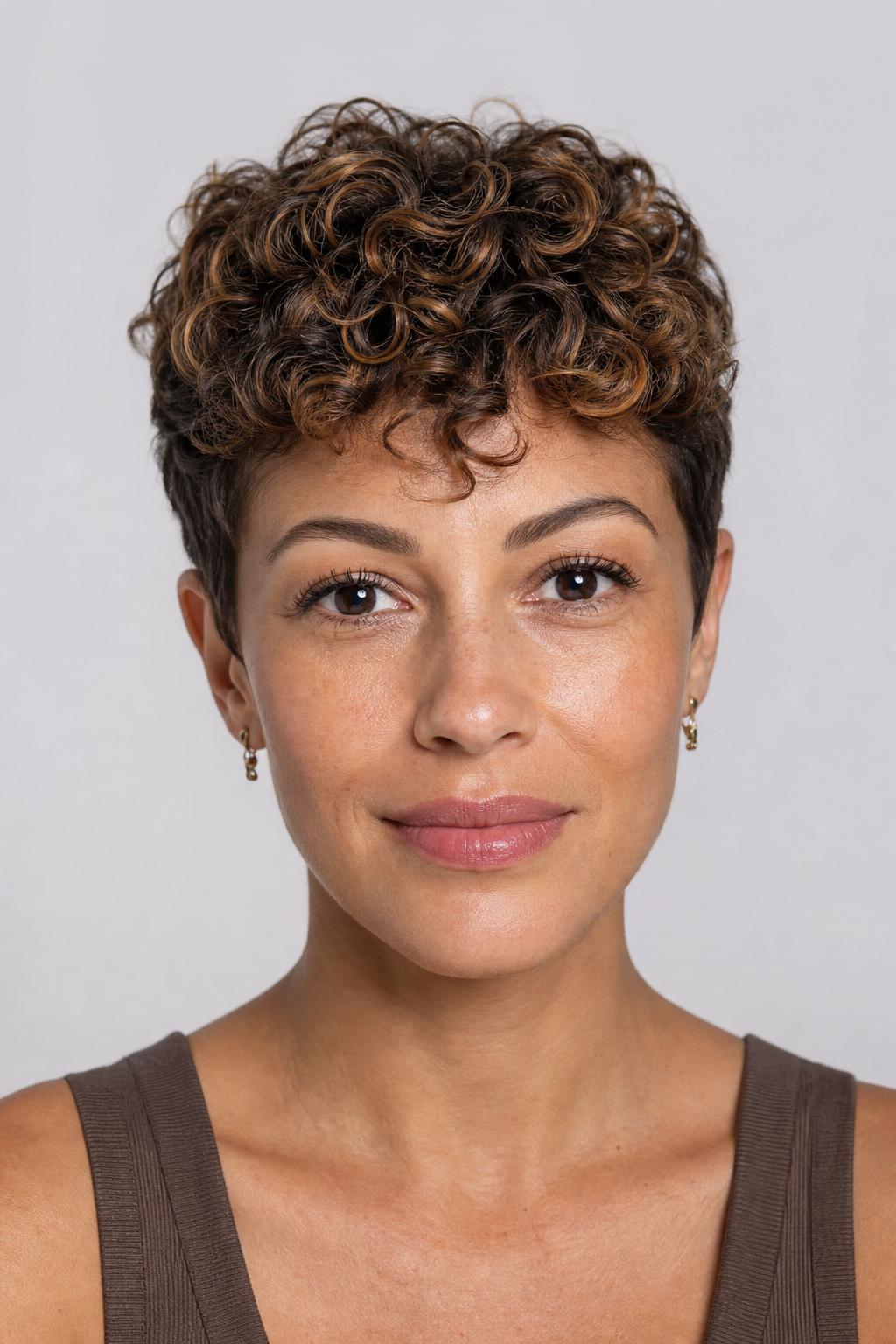 Honey Balayage 3A Curly Pixie with Warm Painted Spirals on Top