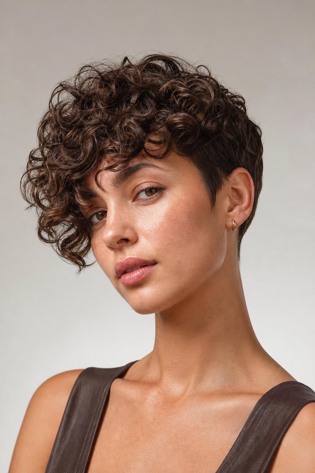 Side-Swept 3A Curly Pixie with a Longer Fringe Framing the Cheekbones