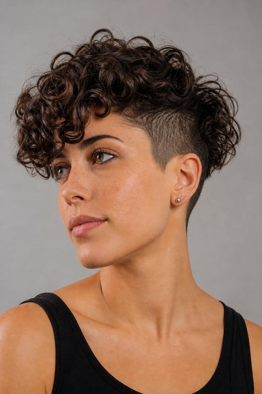 3A Curly Pixie with a Disconnected Undercut and Curl Falling on Top