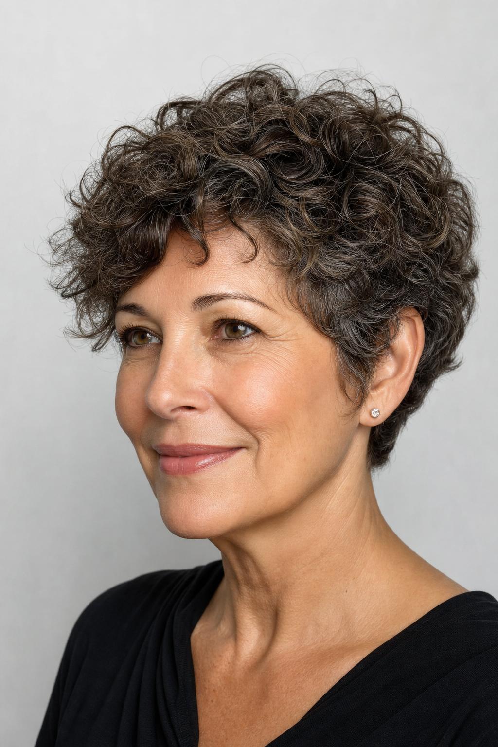 3B Curly Pixie with Blended Layers Designed to Grow Out Softly