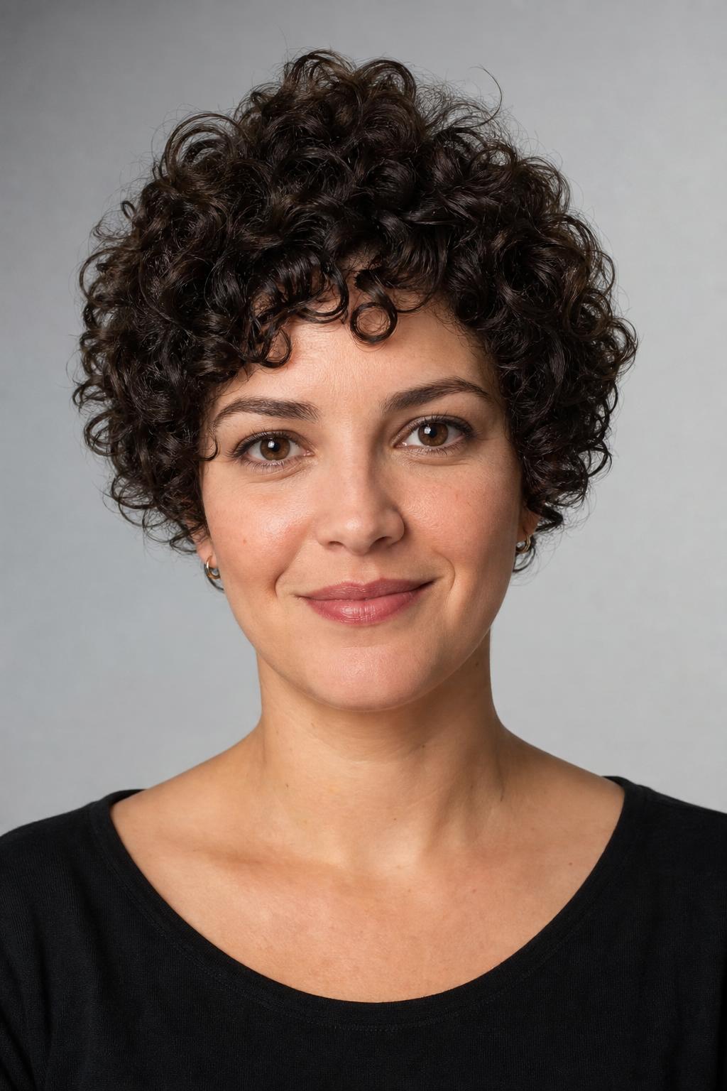 3B Curly Pixie with Crown Height and Close Sides for a Round Face