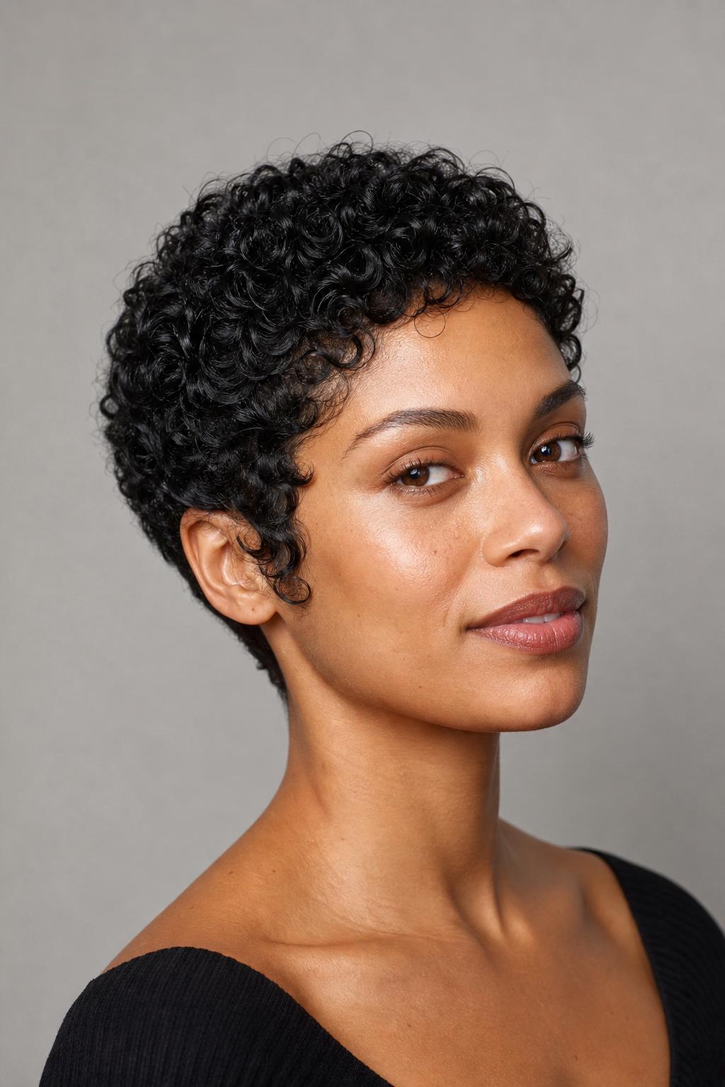 3B Curly Pixie with Intact Sideburn Curls Framing the Ears