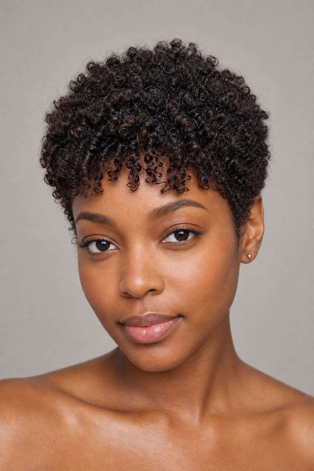 3C Curly Pixie with Wispy Coil Bangs Flattering a Heart-Shaped Face