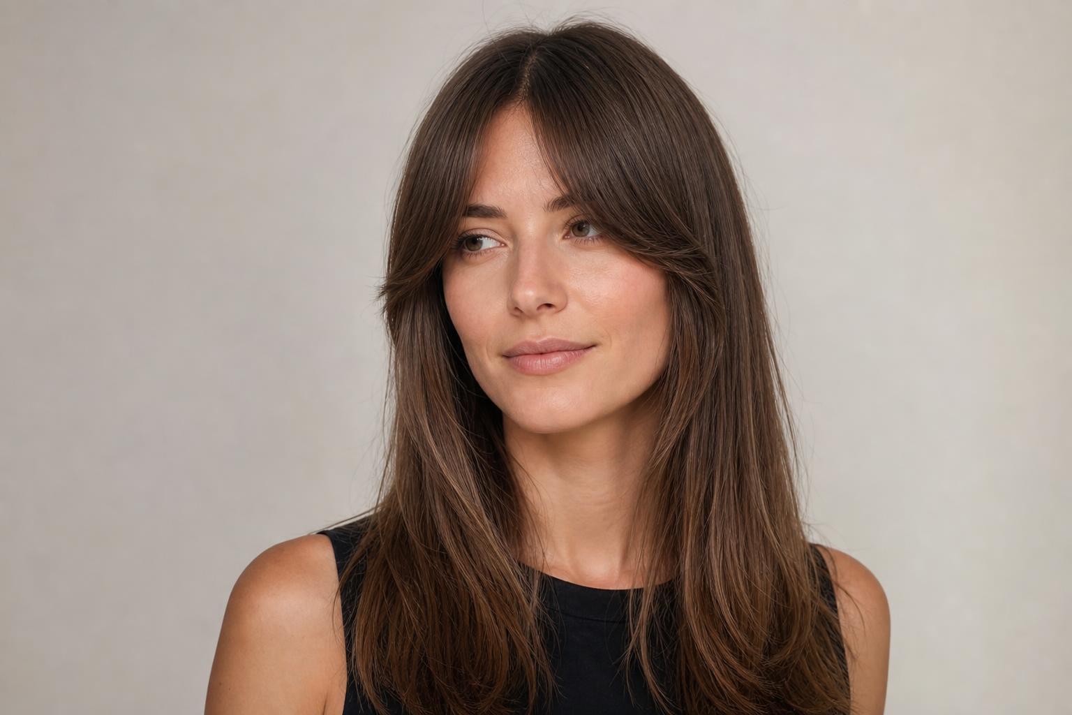 Curtain Bangs on Straight Hair Center Parted and Swept Away from the Face