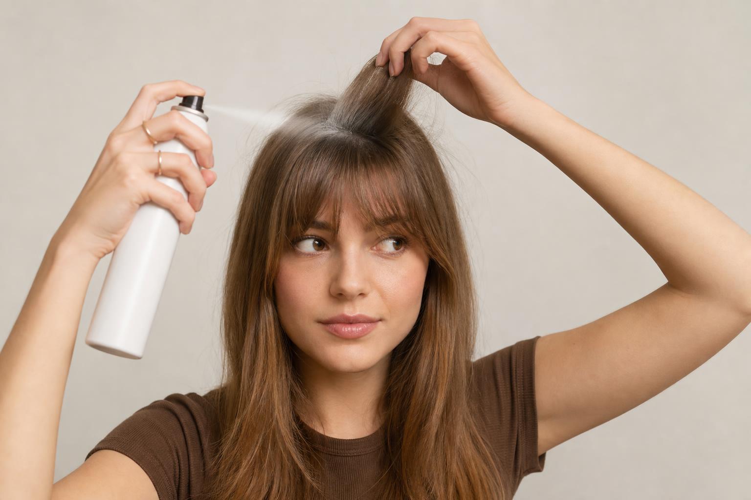 Applying Dry Shampoo to the Roots of Lifted Bangs from a Distance on Straight Hair