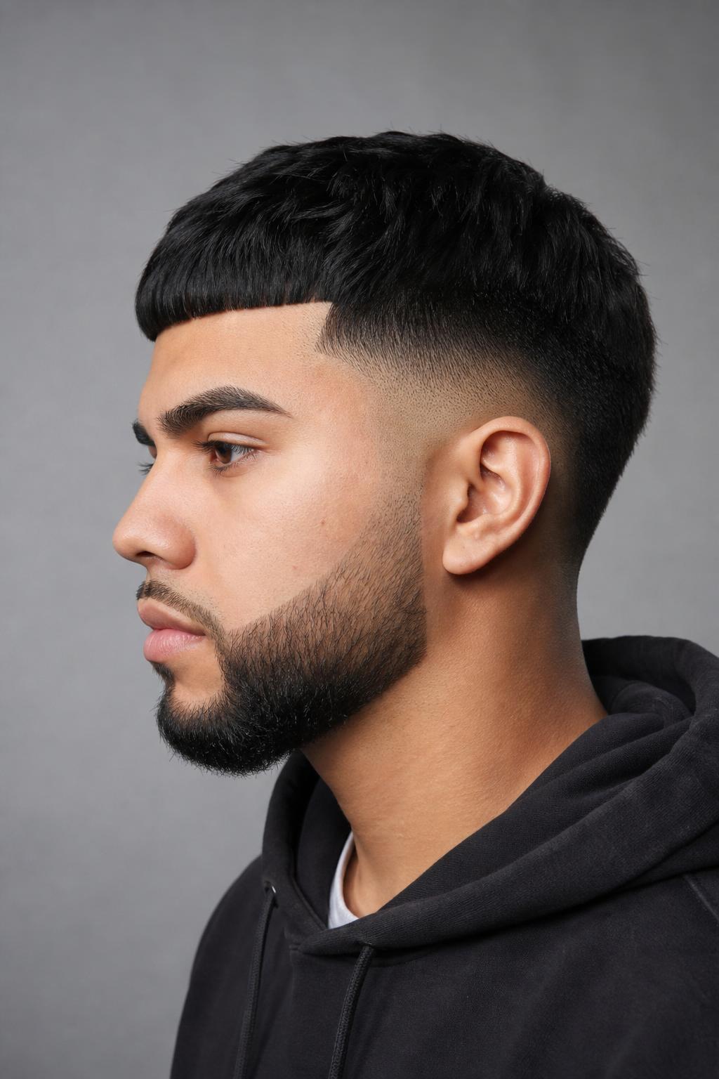 Young Man With an Edgar Cut Connected to a Cleanly Faded Beard