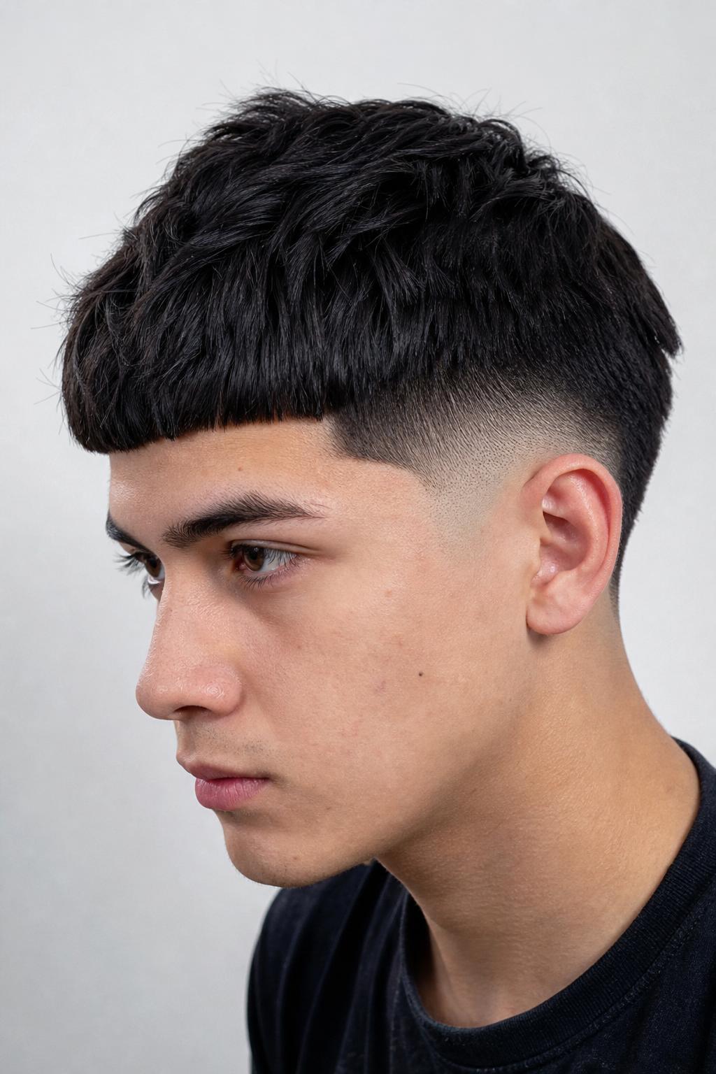 Young Man With an Edgar Cut and a Burst Fade Around the Ear