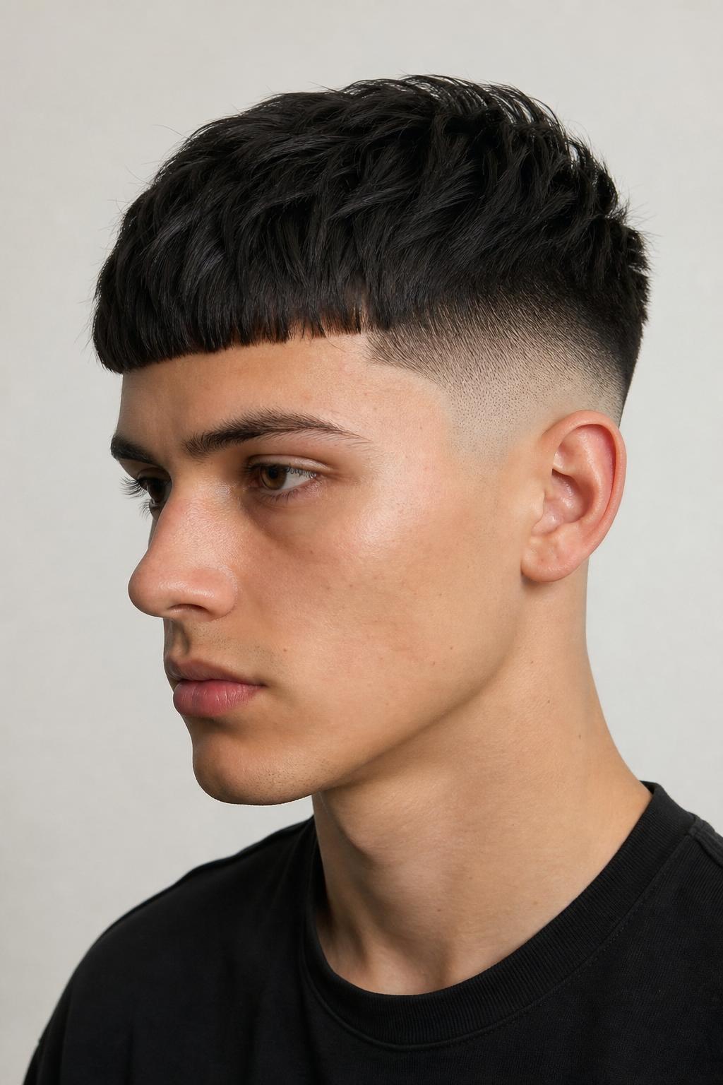 Young Man With a Classic Edgar Cut and a High Skin Fade on Dark Straight Hair