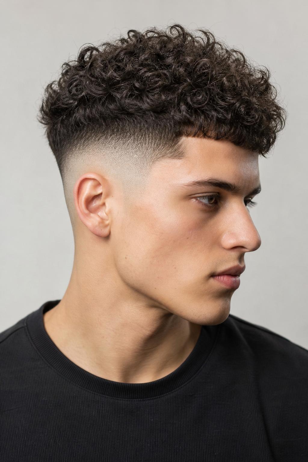 Young Man With Curly Hair in an Edgar Cut and a High Skin Fade