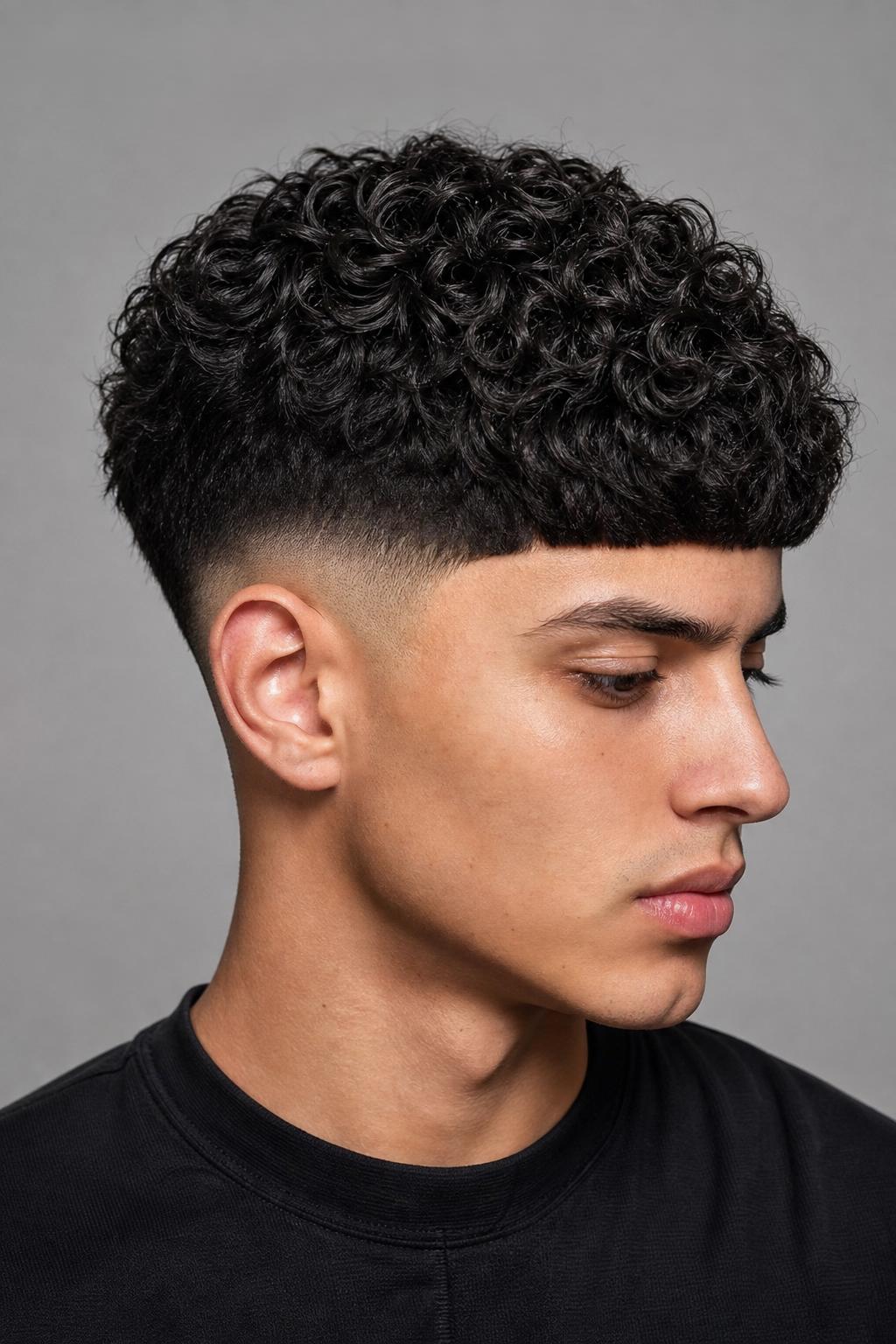 Young Man With Curly Hair in an Edgar Cut and a Mid Fade