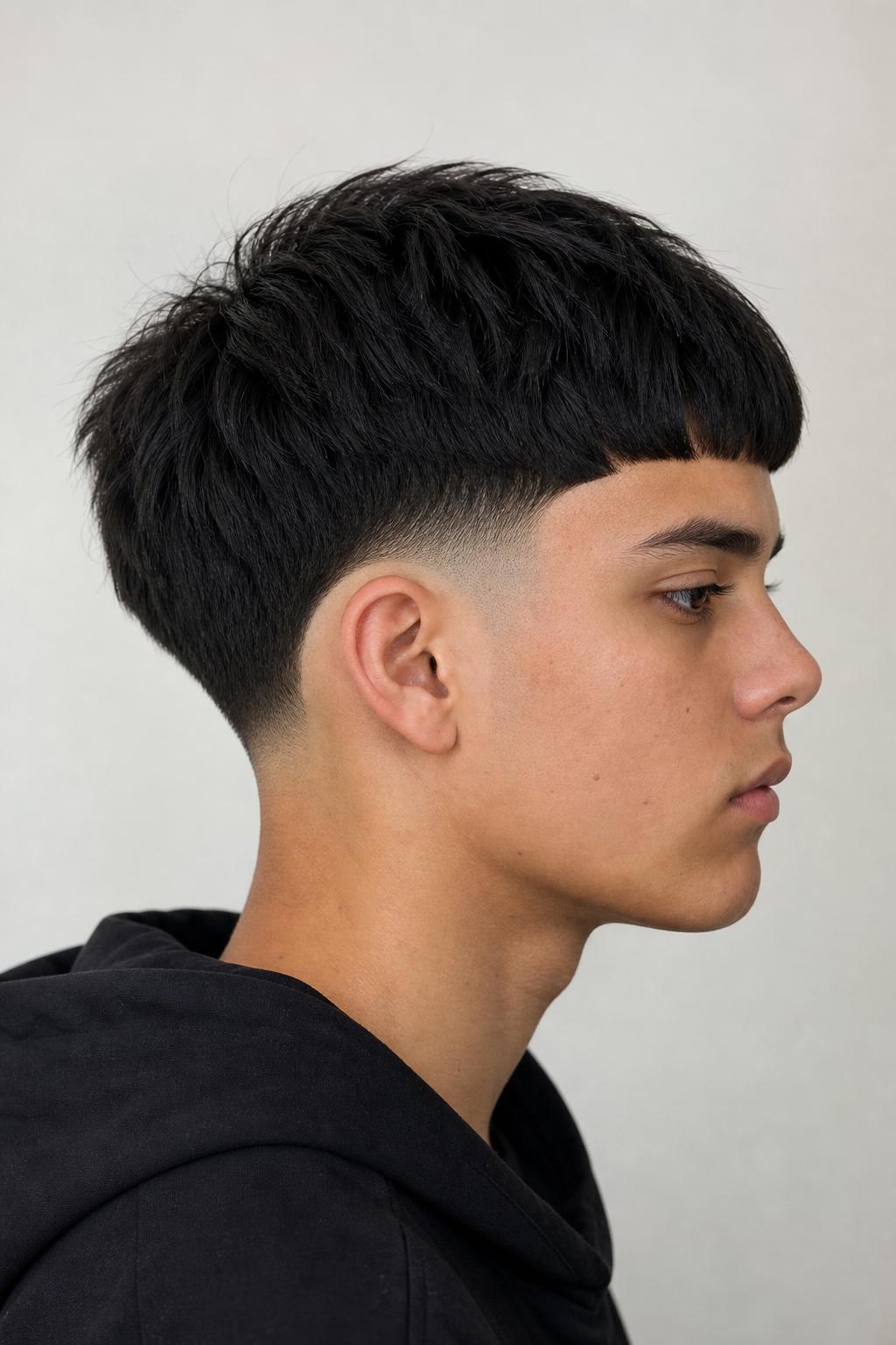 Young Man With an Edgar Cut and a Drop Fade Behind the Ear