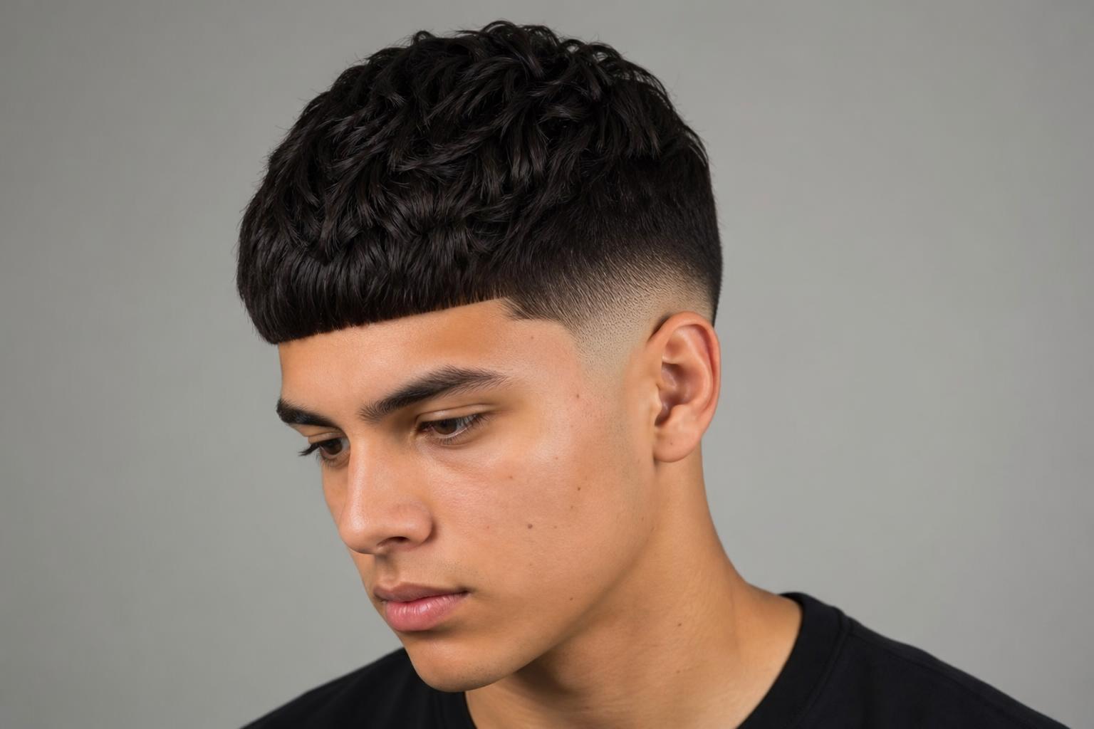 Young Man With a Classic Edgar Cut, a Blunt Straight Fringe, and a High Skin Fade on Dark Hair