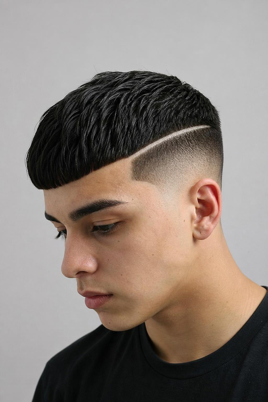 Young Man With an Edgar Cut and a Razor Hard Part on the Side