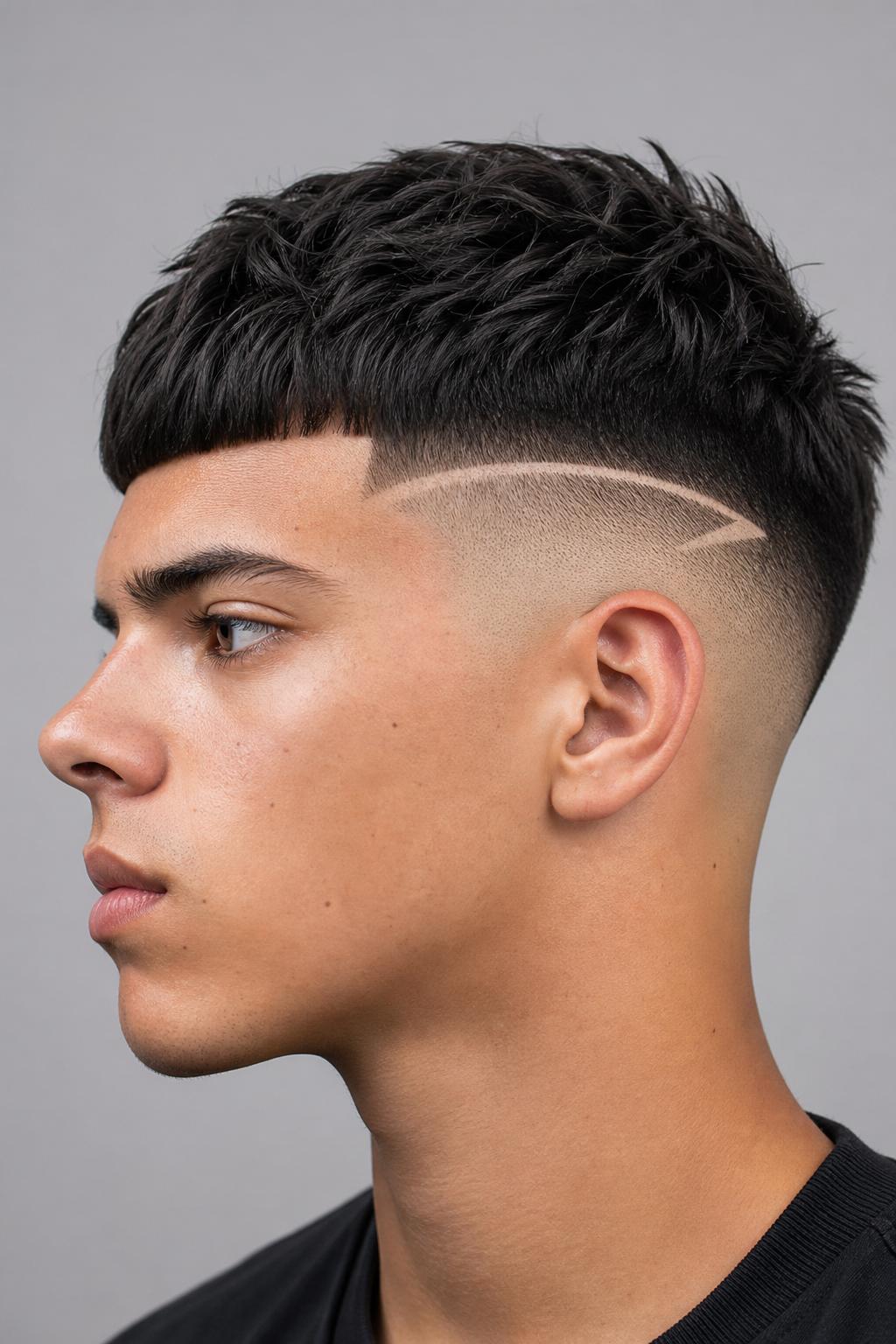 Young Man With an Edgar Cut, a Skin Fade, and an Etched Line Design