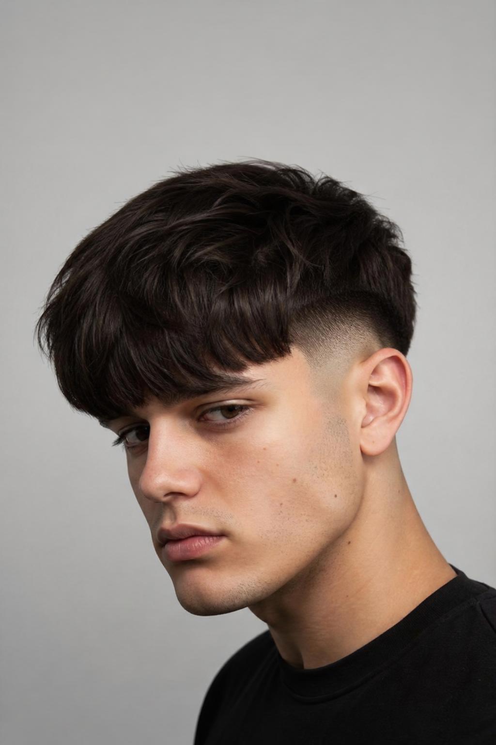 Young Man With a Long Fringe Edgar Cut Reaching the Eyebrows