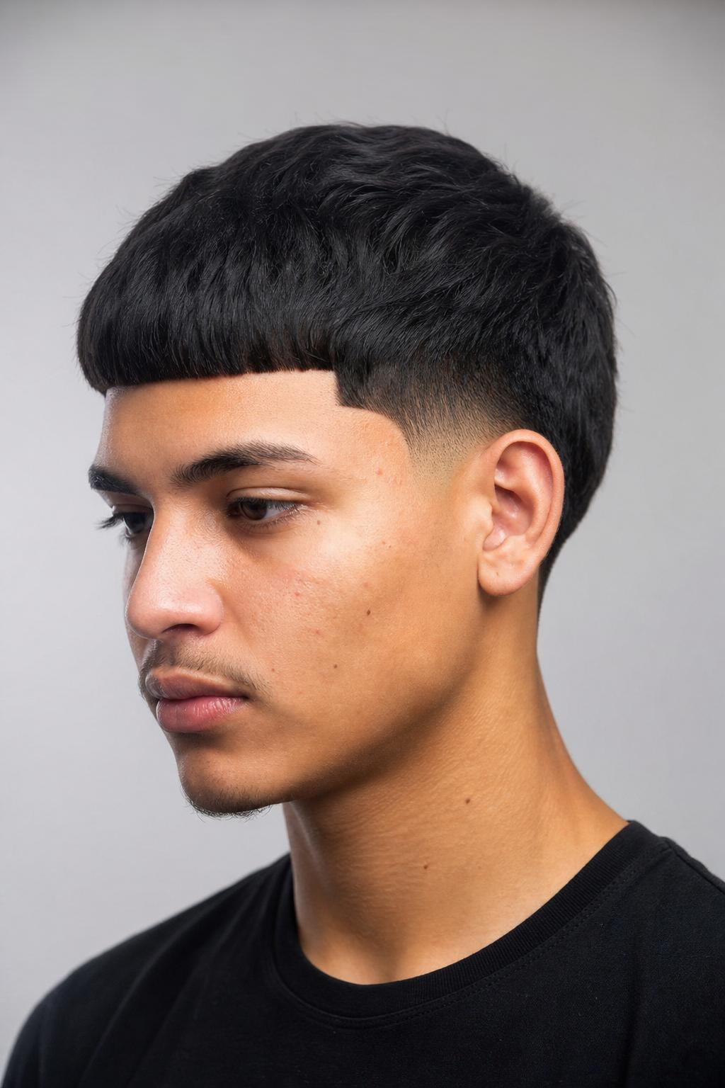Young Man With a Low Taper Edgar Cut and a Blunt Straight Fringe