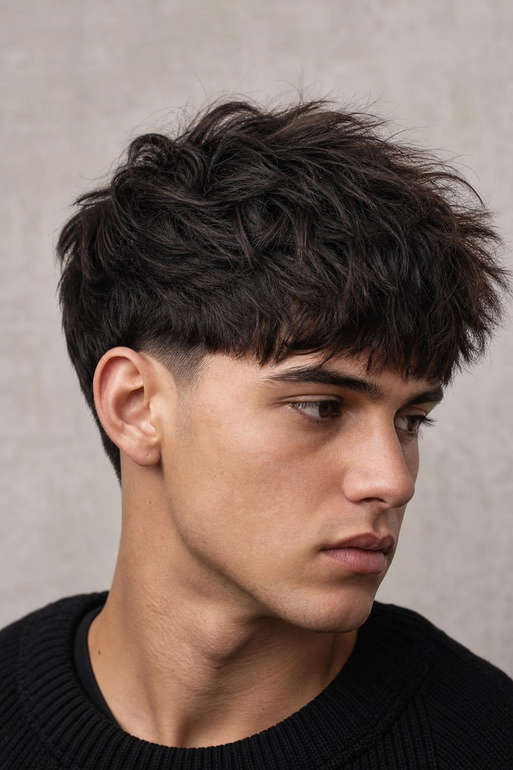 Young Man With a Textured Fluffy Edgar Cut and Piece-y Movement on Top