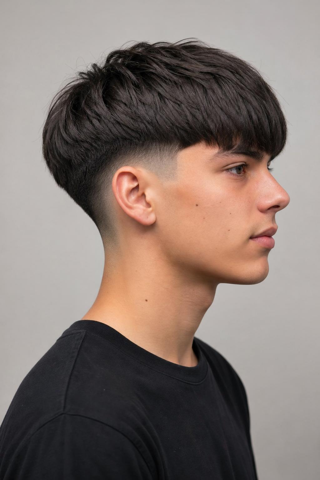 Young Man With Thick Straight Hair in a Full Edgar Cut