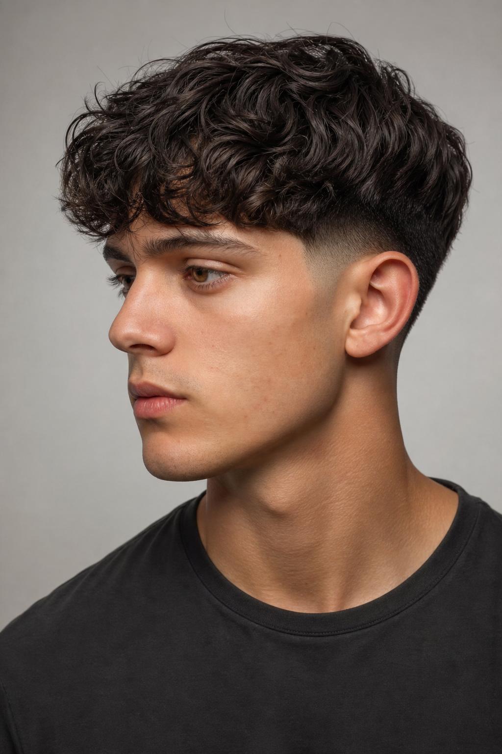 Young Man With Wavy Hair in an Edgar Cut and a Low Taper