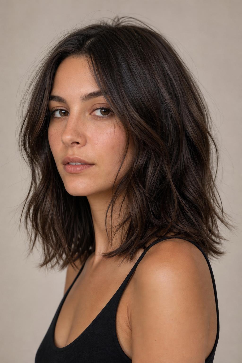 Espresso Brunette Air-Dried Waves with a Soft Lived-In Texture on Medium Hair