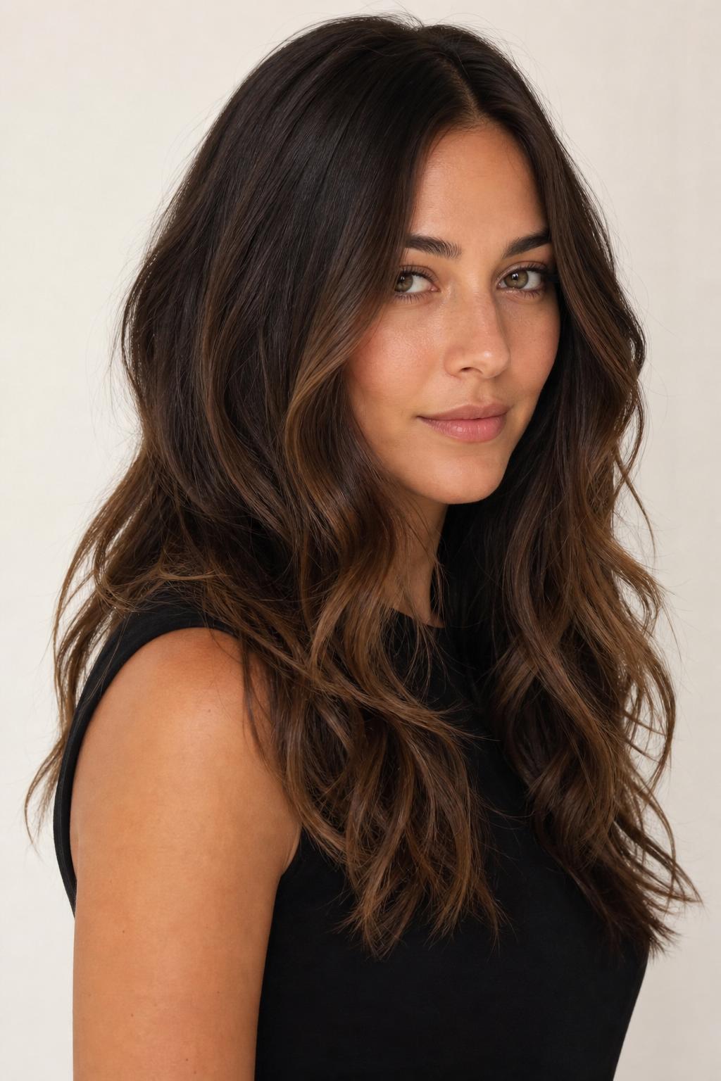 Espresso Balayage with Hand-Painted Softer Brown Through the Mid-Lengths on Long Hair