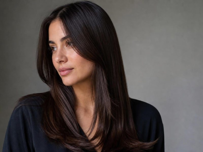 Glossy Cool-Toned Espresso Brunette on Long Straight Hair with Reflective Shine