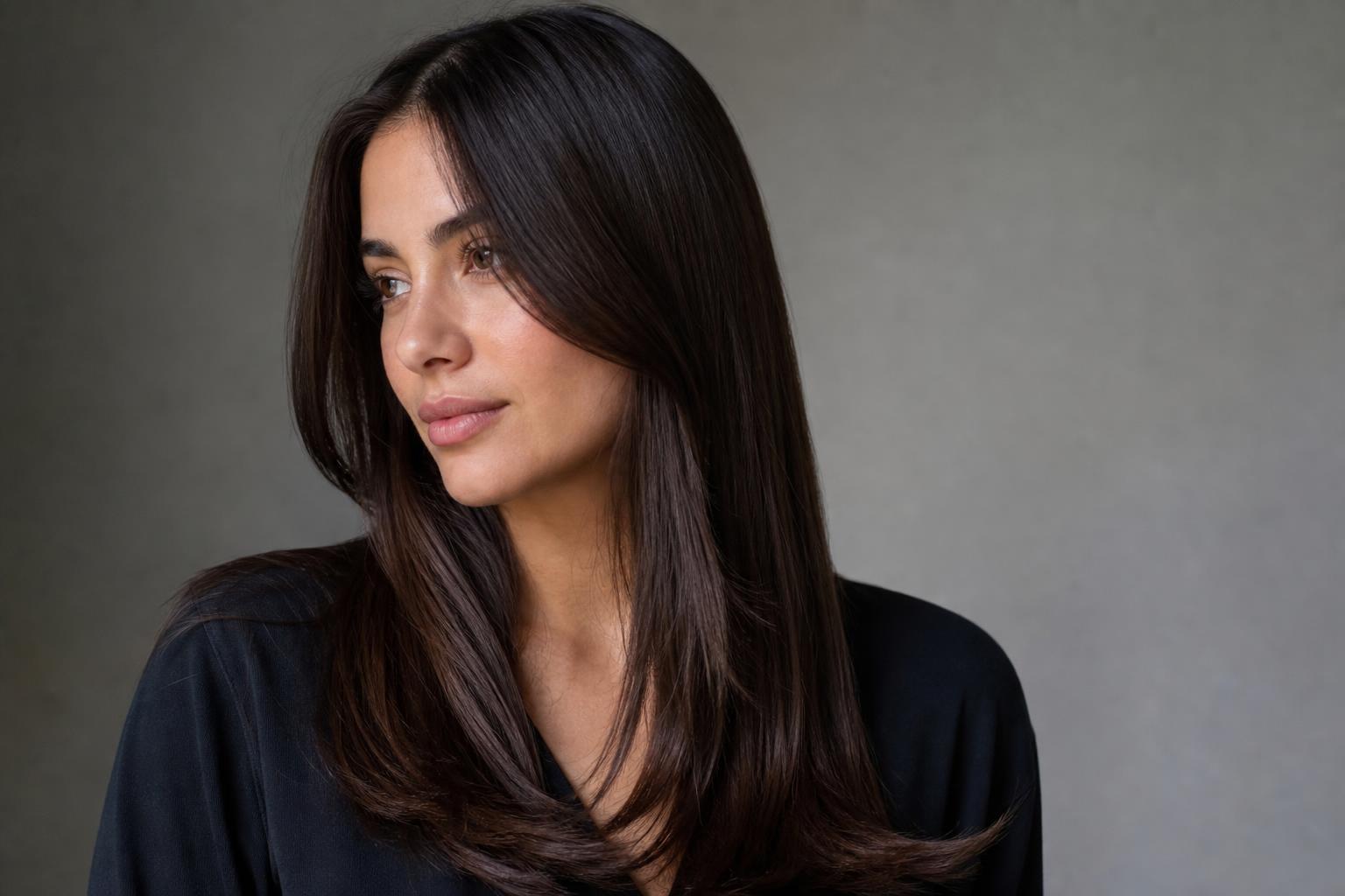 Glossy Cool-Toned Espresso Brunette on Long Straight Hair with Reflective Shine