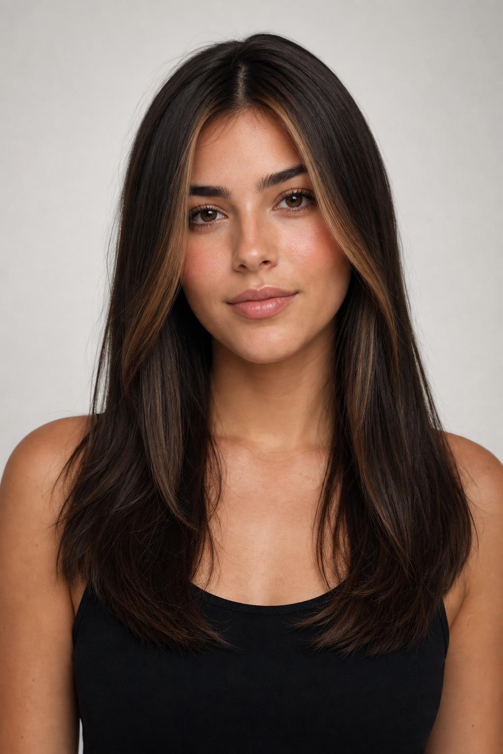 Espresso Brunette with a Cool Lightened Money Piece Framing the Face on Straight Hair