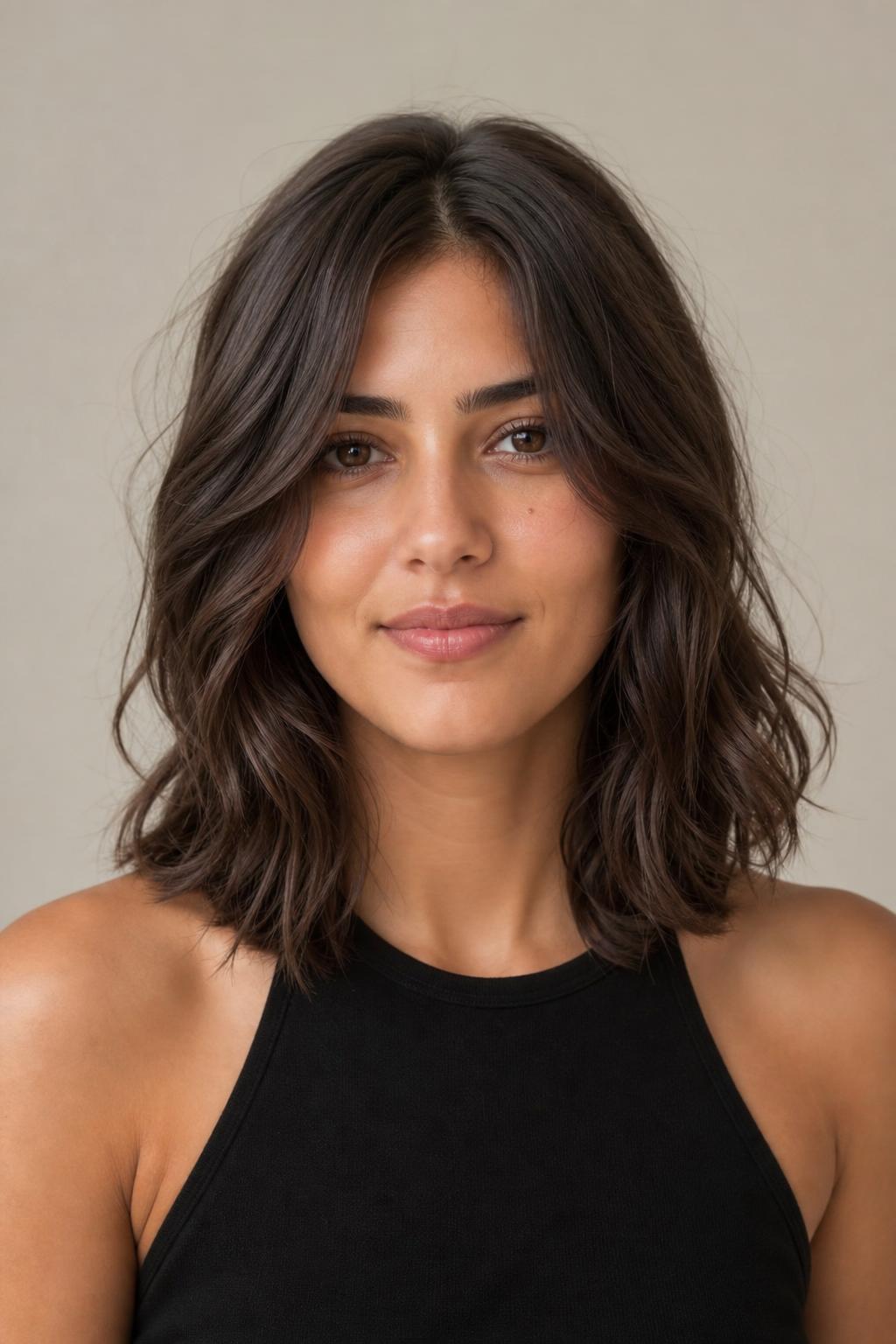 Neutral Espresso Brunette Flattering Olive Skin with a Balanced Cool-Warm Tone on Wavy Hair