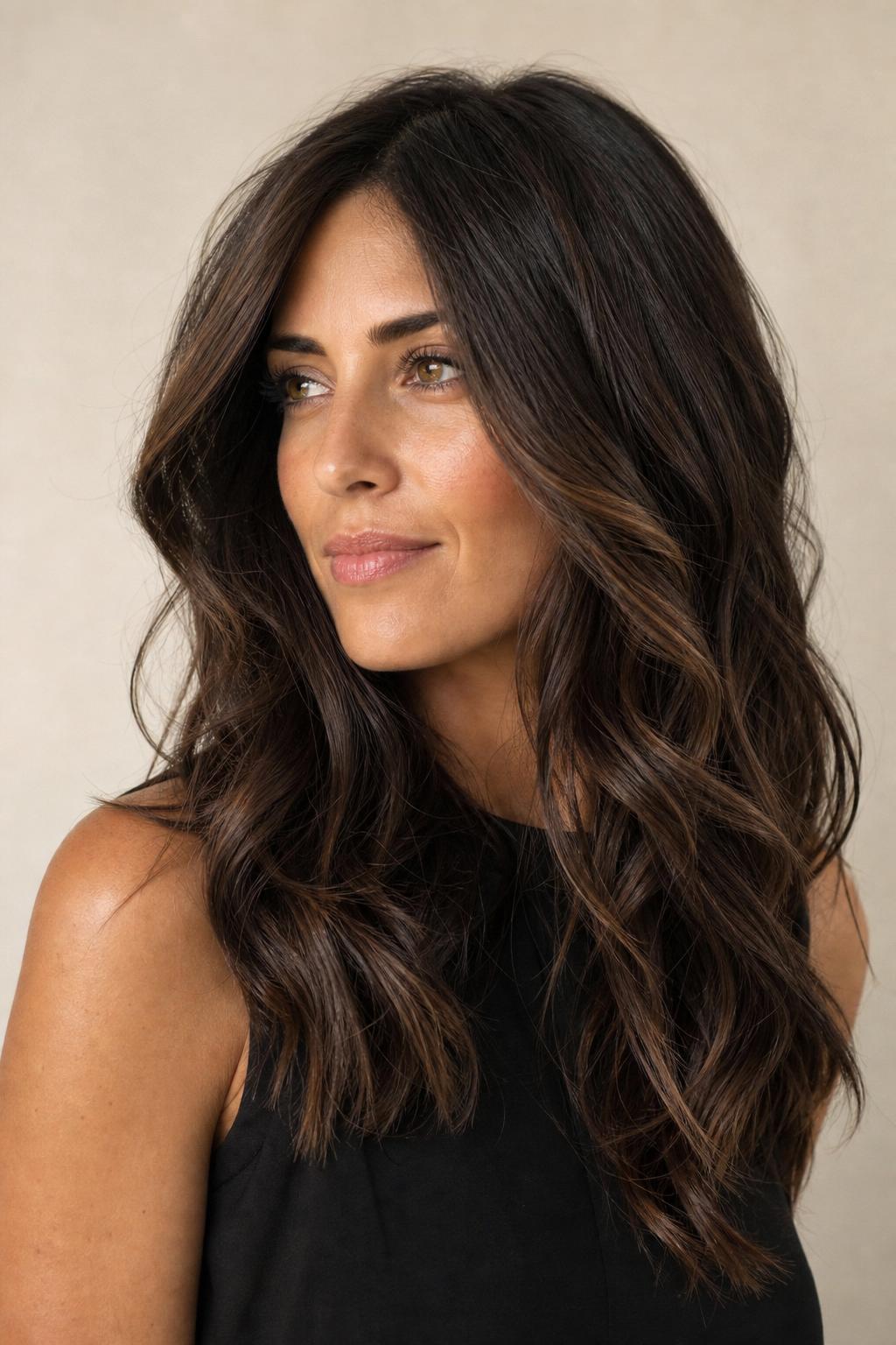 Neutral-Warm Espresso Brunette Complementing Golden Warm Skin on Long Wavy Hair