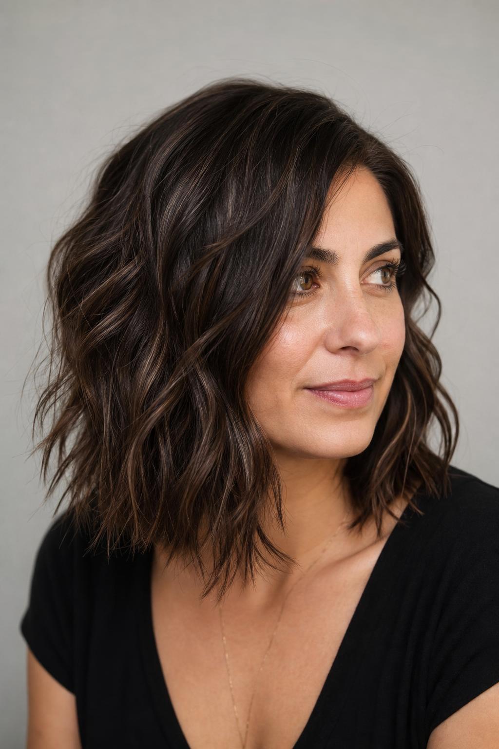 Espresso Brunette with Warm Caramel Lowlights Woven Through a Cool Dark Base on Wavy Hair
