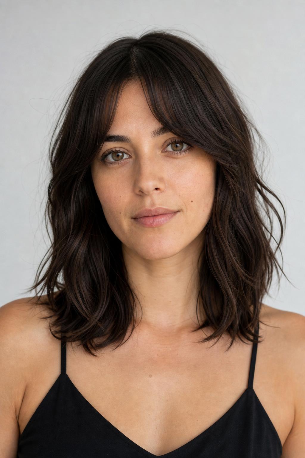 Espresso Brunette with Soft Center-Parted Curtain Bangs Framing the Face on Wavy Hair