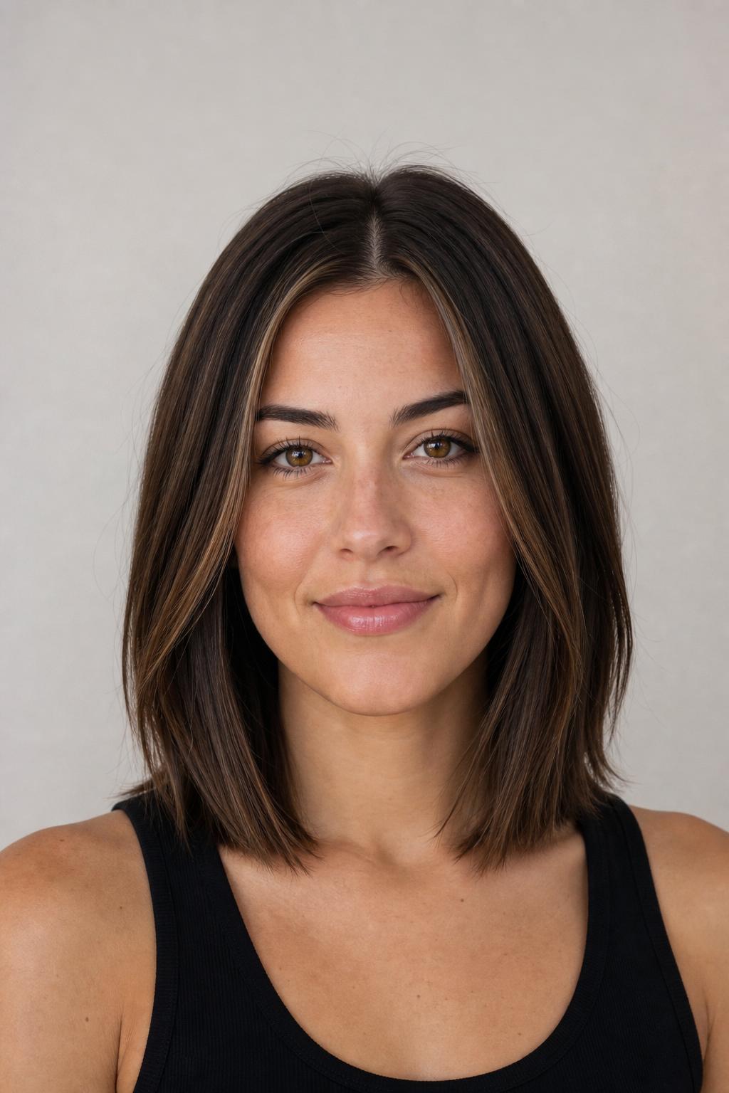 Espresso Brunette with Thin Cool-Brown Face-Framing Highlights Around the Part on Straight Hair